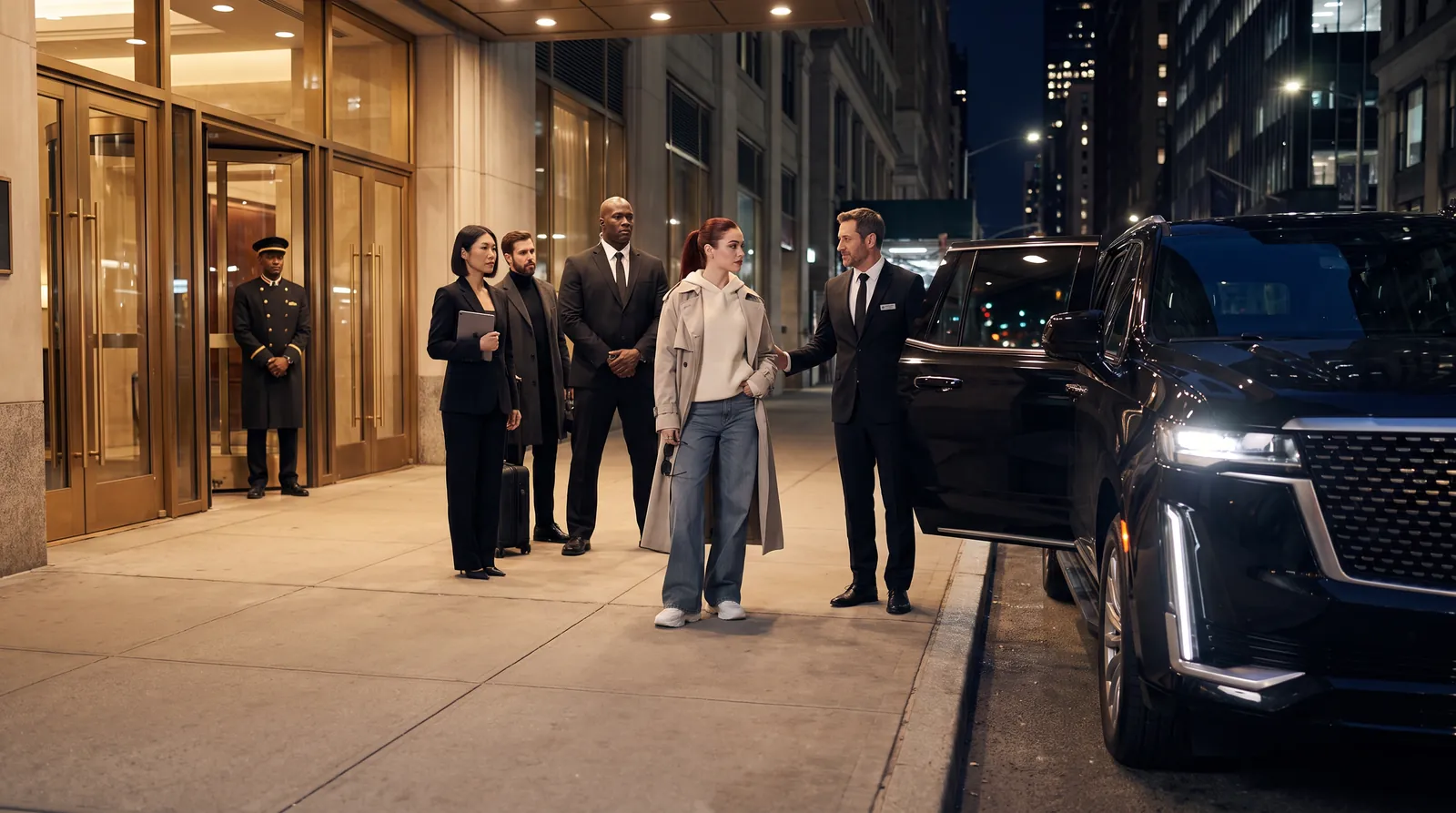 AI-generated concept of a group leaving a hotel toward a waiting Escalade at night.