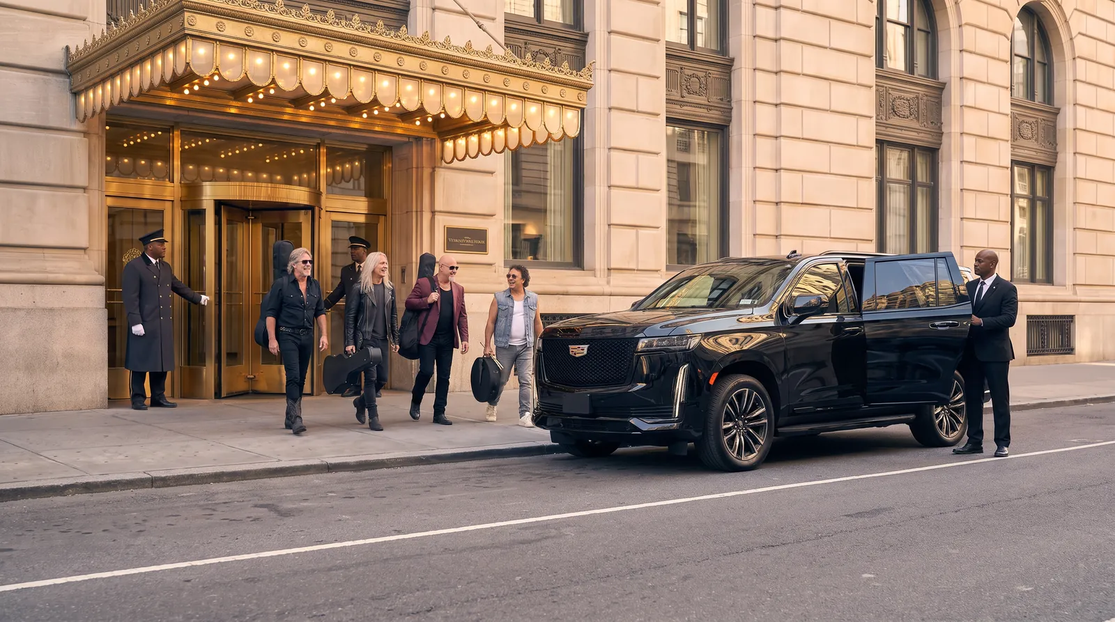 AI-generated concept of a band leaving a hotel with a chauffeur holding the door.