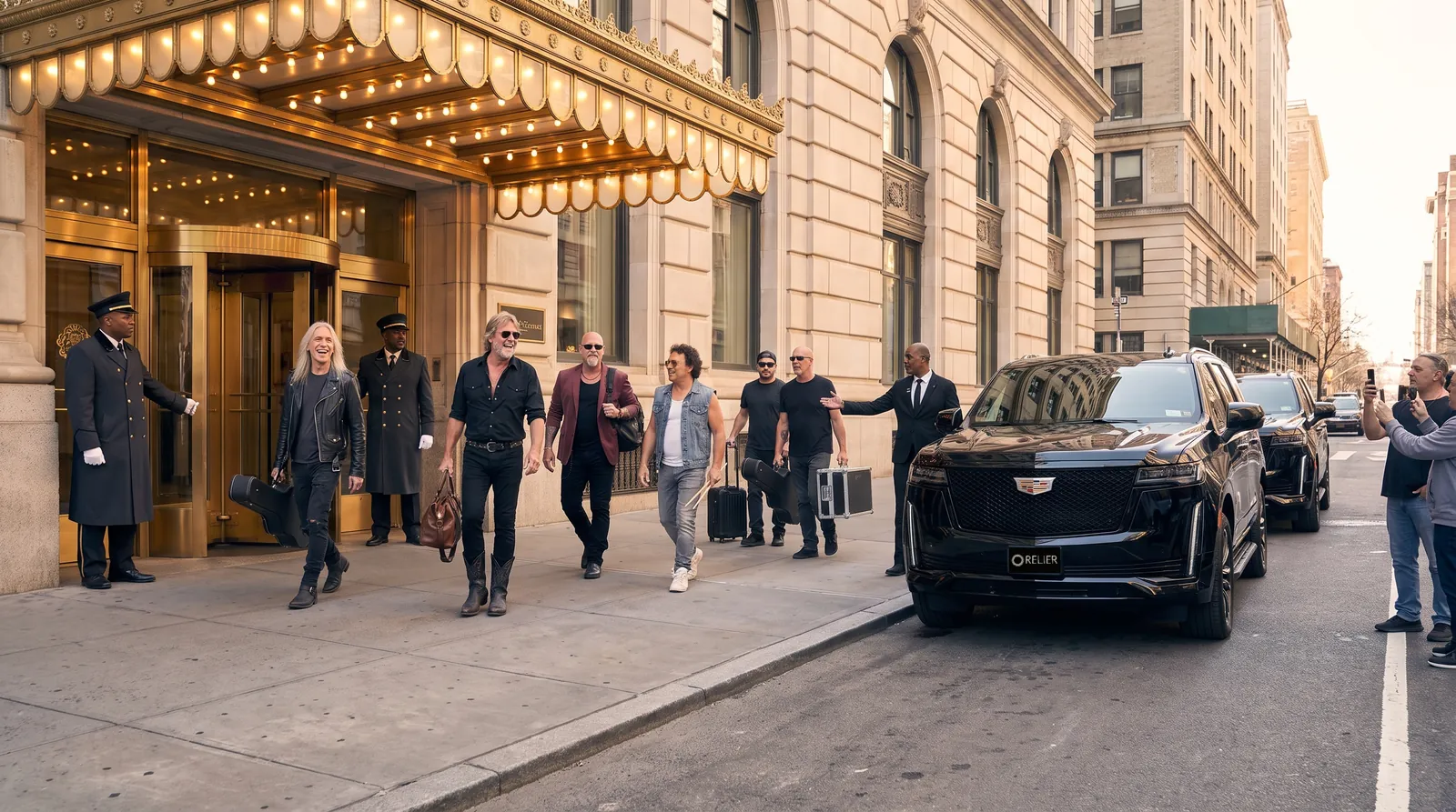AI-generated concept of a touring band leaving a hotel.