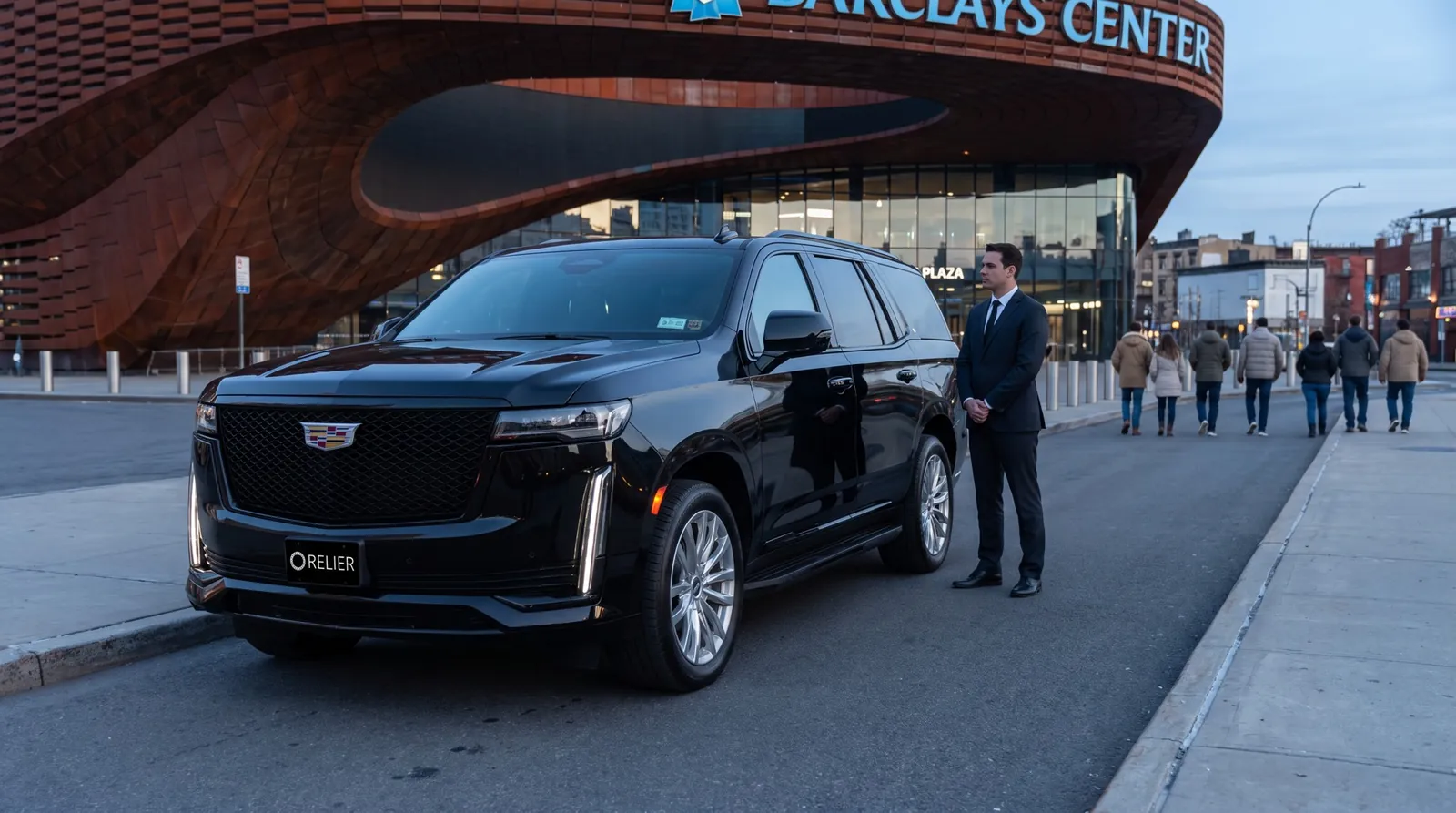 AI-generated concept of an SUV and chauffeur outside an arena.