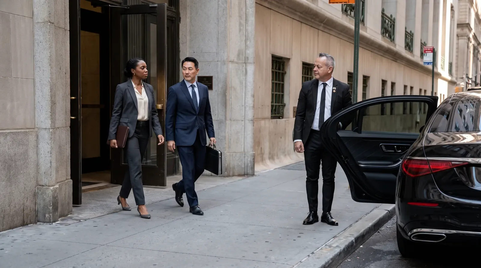 AI-generated business travel scene with a chauffeur and Relier SUV.