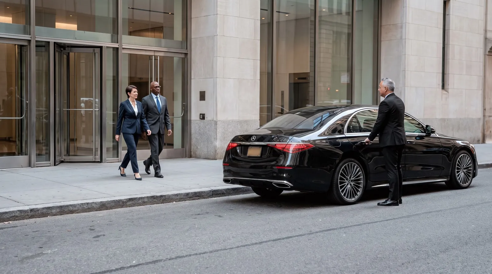AI-generated concept of a chauffeur meeting business travelers outside an office.