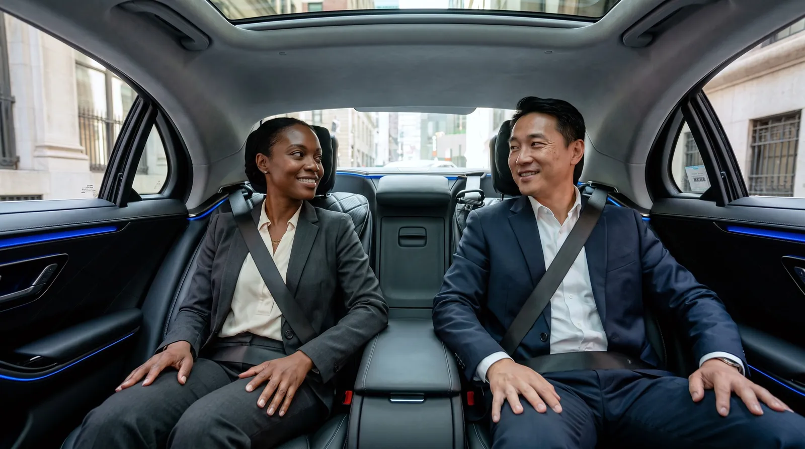 AI-generated concept of two business travelers talking in the rear cabin.