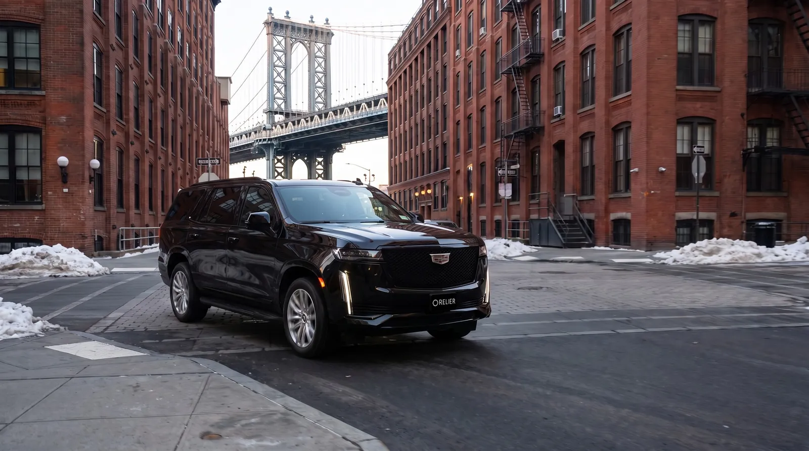 AI-generated concept of a black SUV in a winter DUMBO street scene.