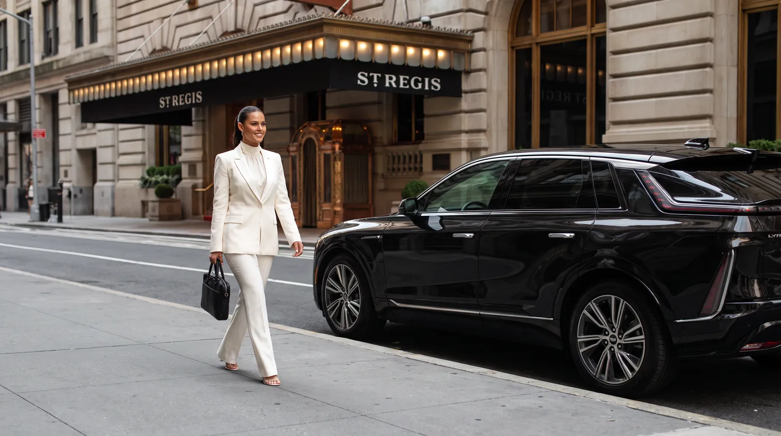 AI-generated concept of a guest arriving at a Manhattan hotel entrance.