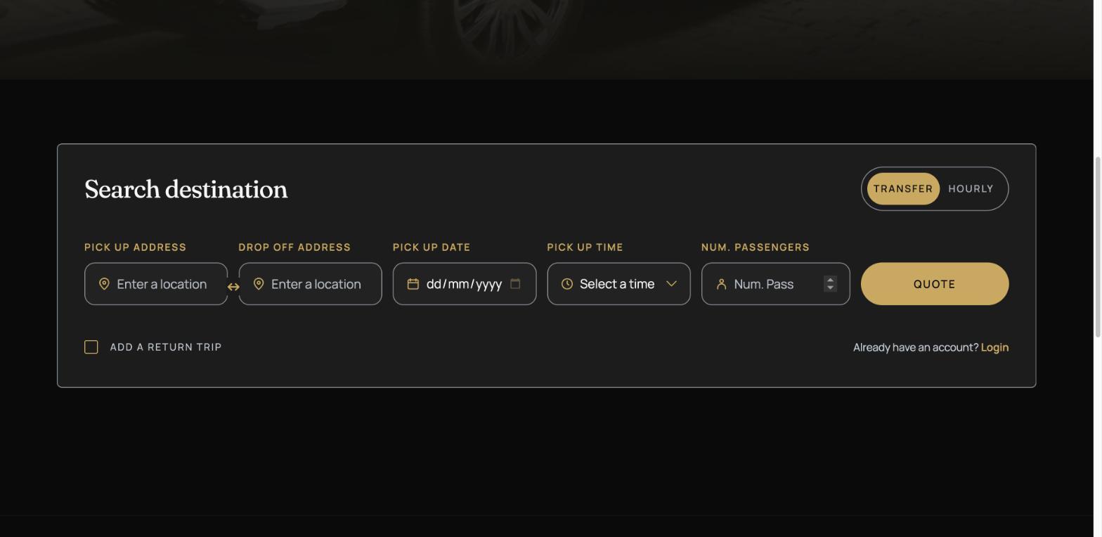 The same reservation form styled for Relier: dark card, gold accents, pickup, drop-off, date, time, passengers and quote.