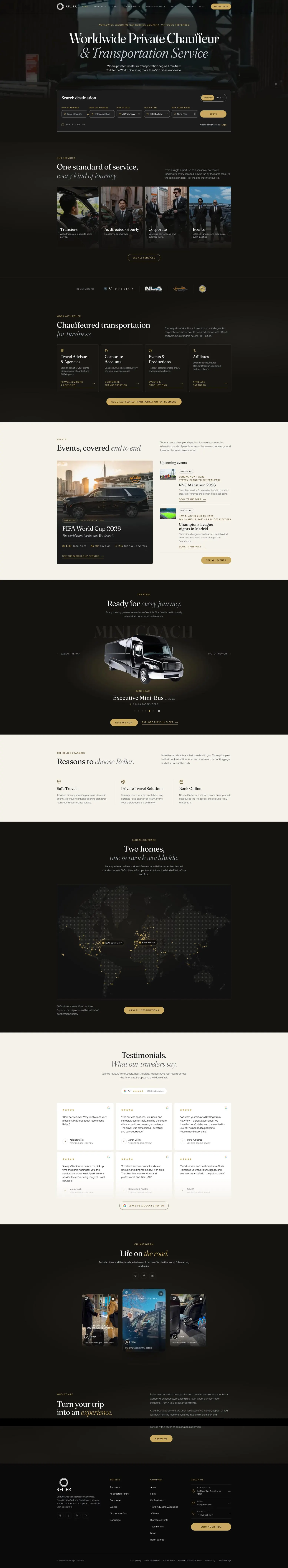 The relier.com home page today, top to bottom: dark brand design, booking form in the hero, services, business lines, events, fleet, coverage map and reviews.