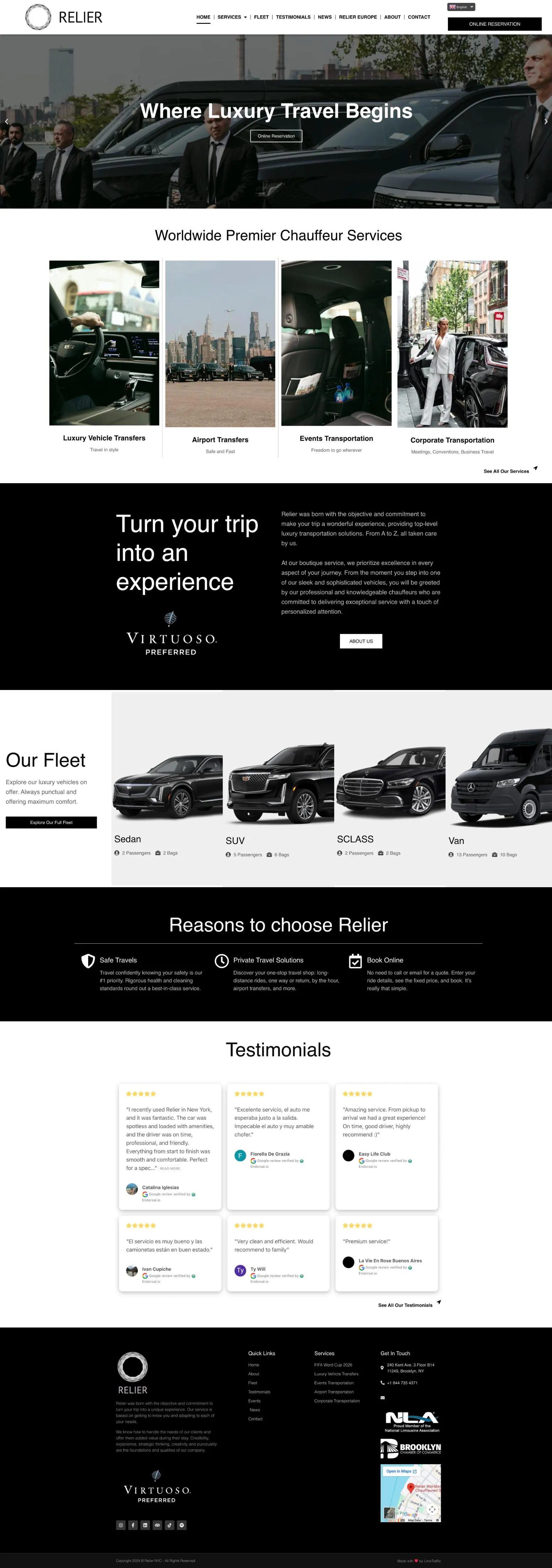 The previous relier.com home page, top to bottom: white template, photo slider, service tiles, fleet row and testimonials.