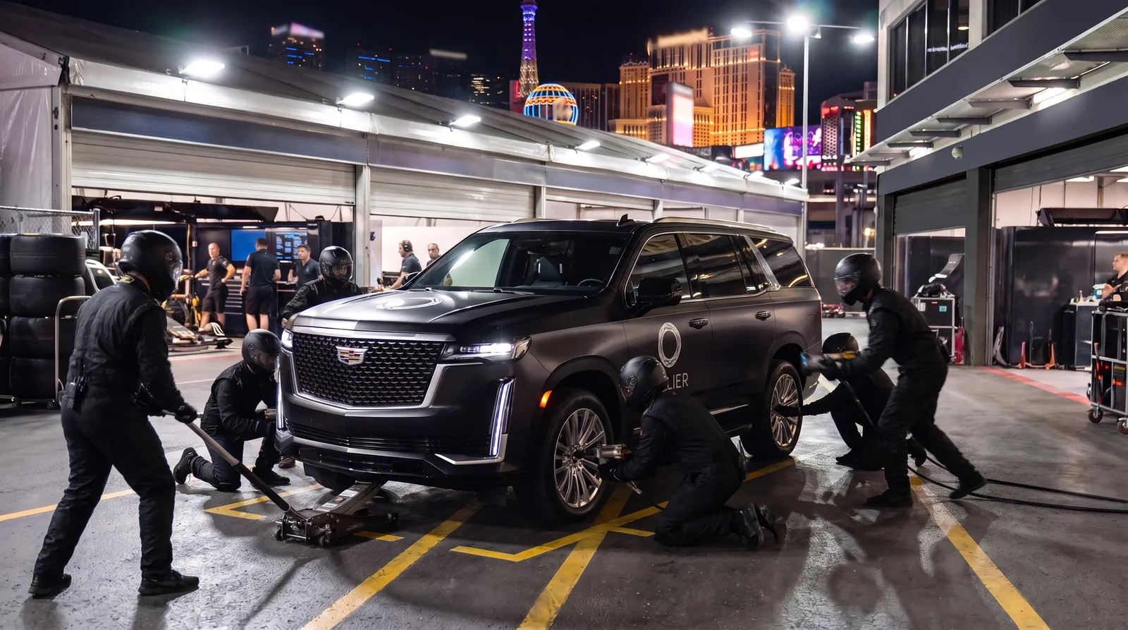 AI-generated concept of a Relier SUV and pit crew in Las Vegas.