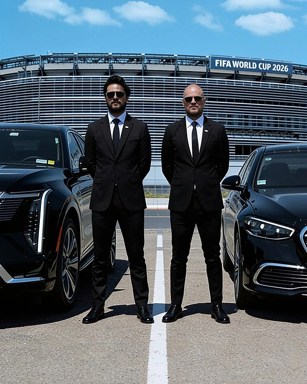 AI-assisted match-day concept of a group and chauffeured vehicles near a stadium.