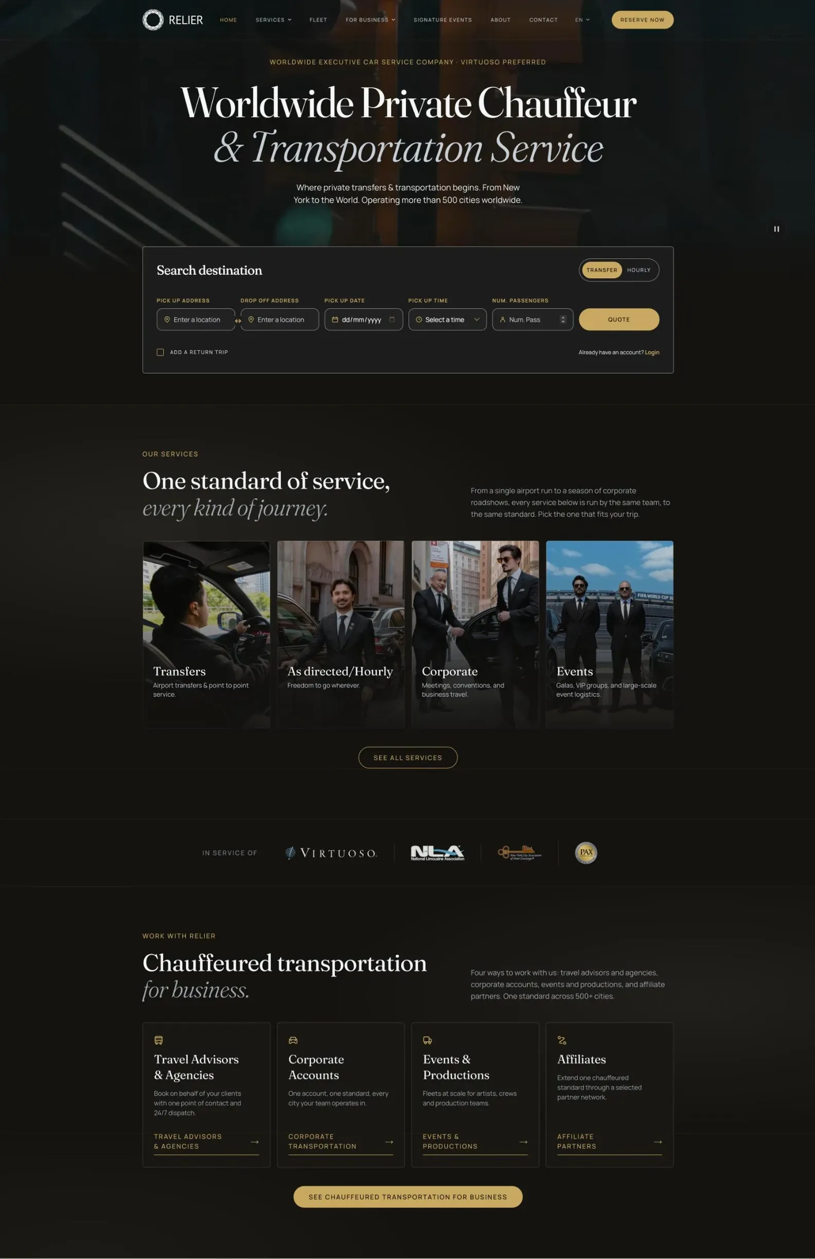 relier.com homepage, captured top to bottom: hero with reservation search, services, partners and business section.